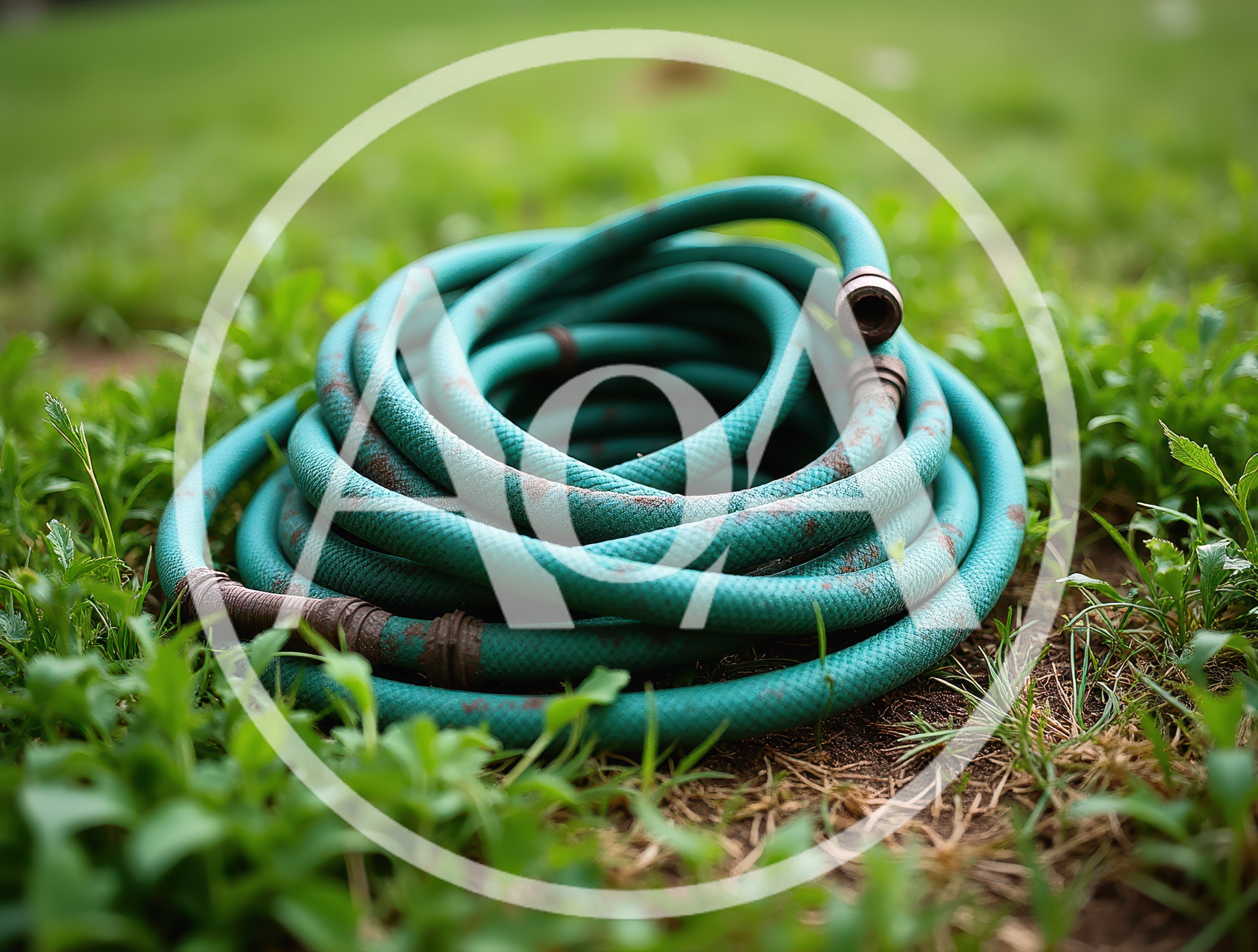 Coiled Green Garden Hose On Grass