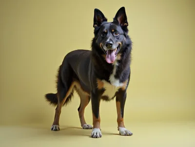 Studio Portrait Of A Happy Tri-Color Dog