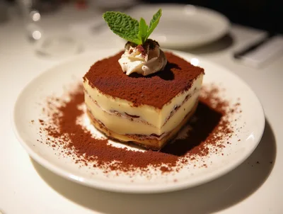 Gourmet Tiramisu Dessert Served On A White Plate