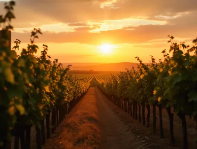 Golden Sunset Over Rows Of Vineyard Vines