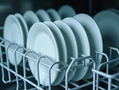Clean White Plates Arranged In Dishwasher Rack