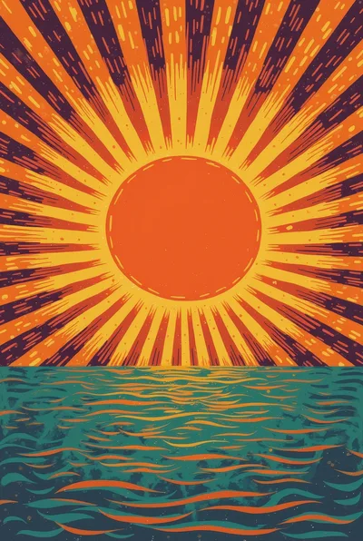 Stylized Retro Sun Over Ocean Waves Illustration
