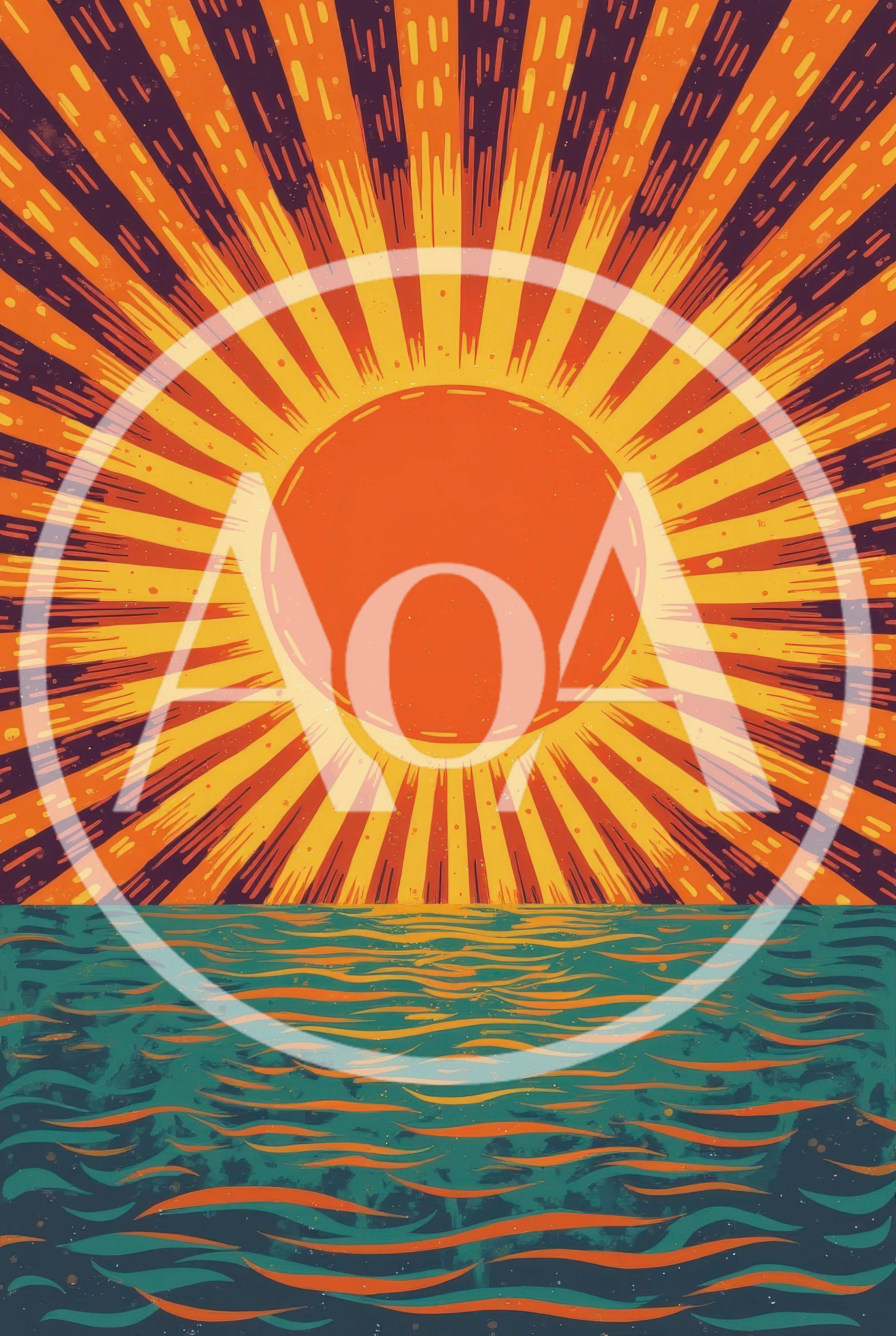 Stylized Retro Sun Over Ocean Waves Illustration