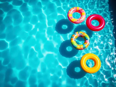 Four Colorful Inflatable Pool Floats Floating In Water
