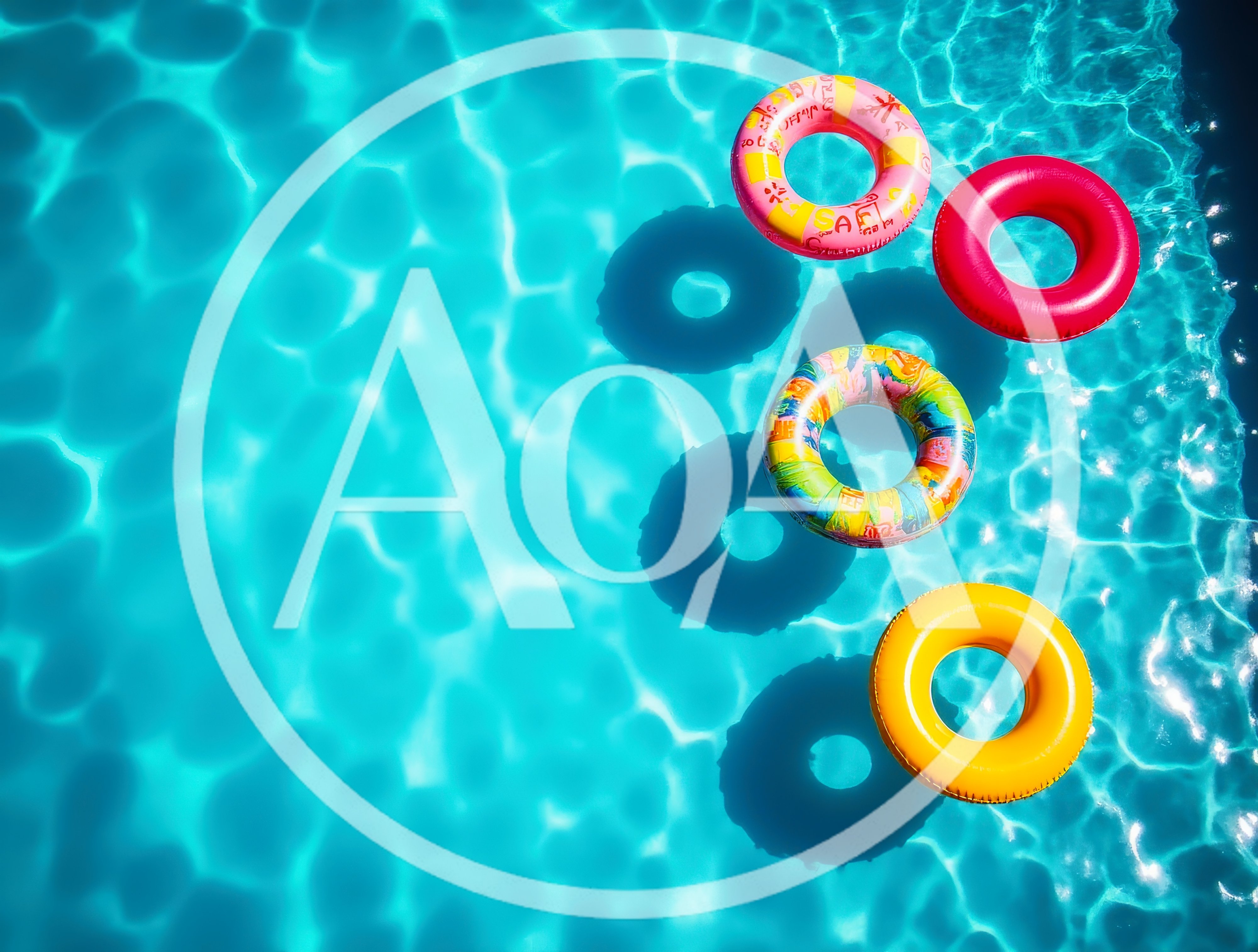 Four Colorful Inflatable Pool Floats Floating In Water