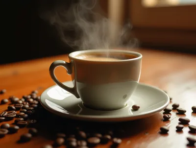 Steaming Cup Of Coffee With Roasted Coffee Beans