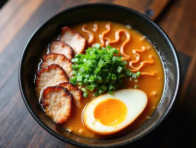 Bowl Of Spicy Ramen With Pork And Egg