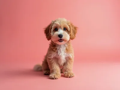 Adorable Fluffy Puppy Sitting on Pink Background