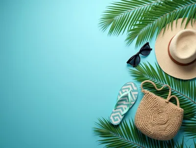 Summer Vacation Accessories on Blue Background