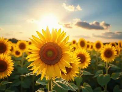 Vibrant Sunflowers Blooming In A Golden Hour Field