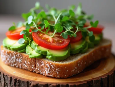 Avocado Toast With Tomato Slices And Microgreens