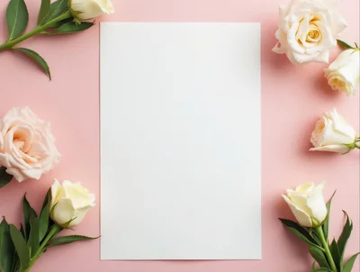 Blank Paper Sheet Surrounded By White Roses