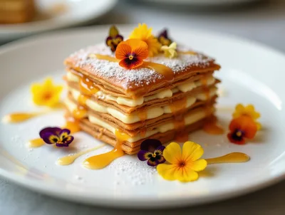 Gourmet Mille-Feuille Pastry With Edible Flowers