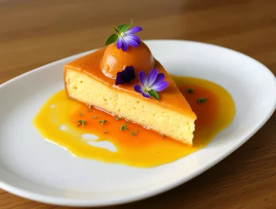 Slice Of Flan Cake With Caramel Sauce And Flowers