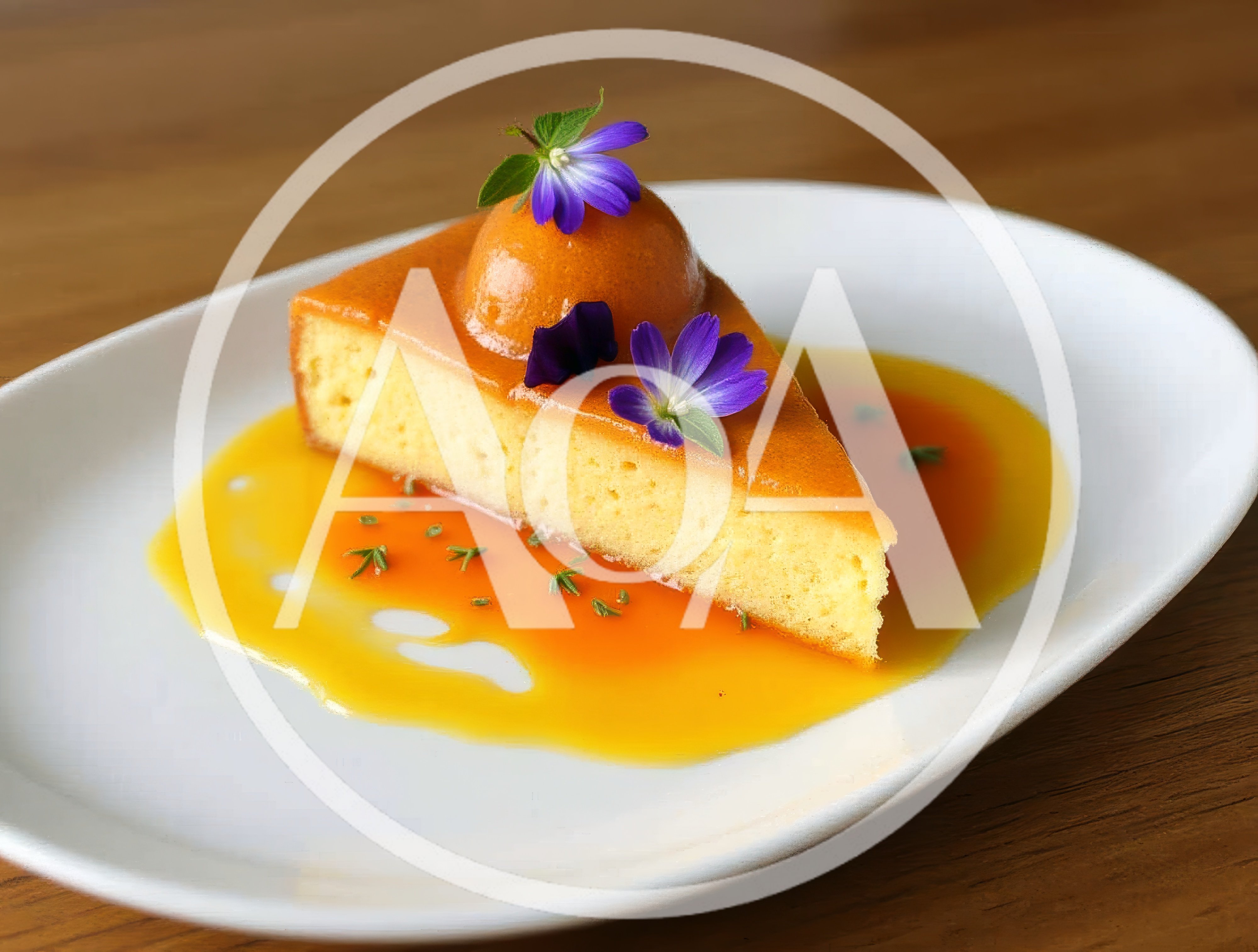 Slice Of Flan Cake With Caramel Sauce And Flowers