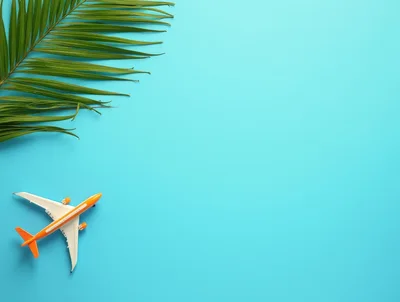 Toy Airplane and Palm Leaf on Blue Background