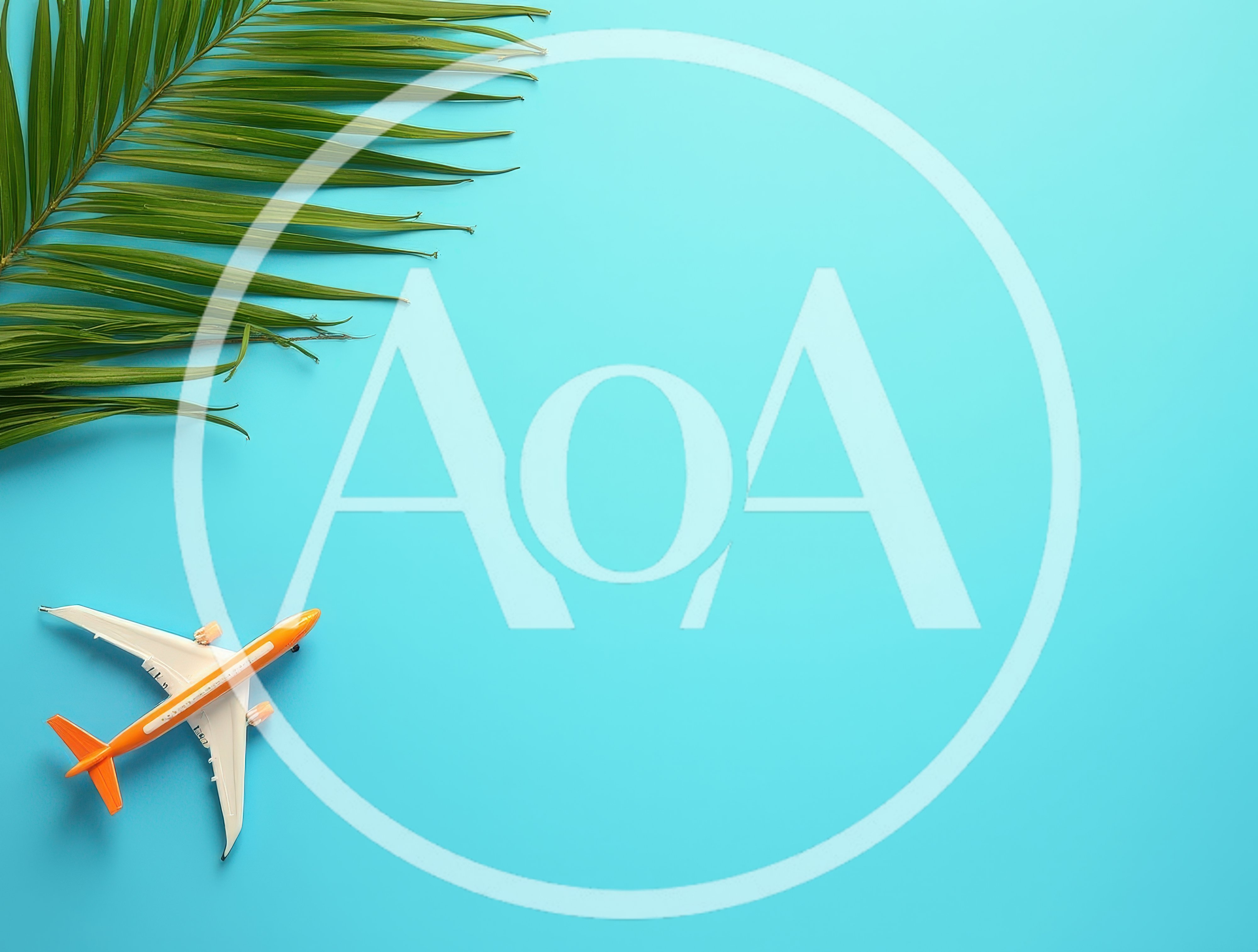Toy Airplane and Palm Leaf on Blue Background