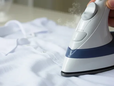 Hand Holding Steam Iron Pressing White Cotton Shirt