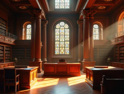 Grand Library Interior With Stained Glass Windows