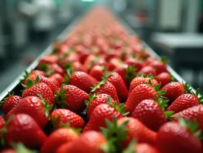 Fresh Strawberries Moving Along An Industrial Conveyor Belt