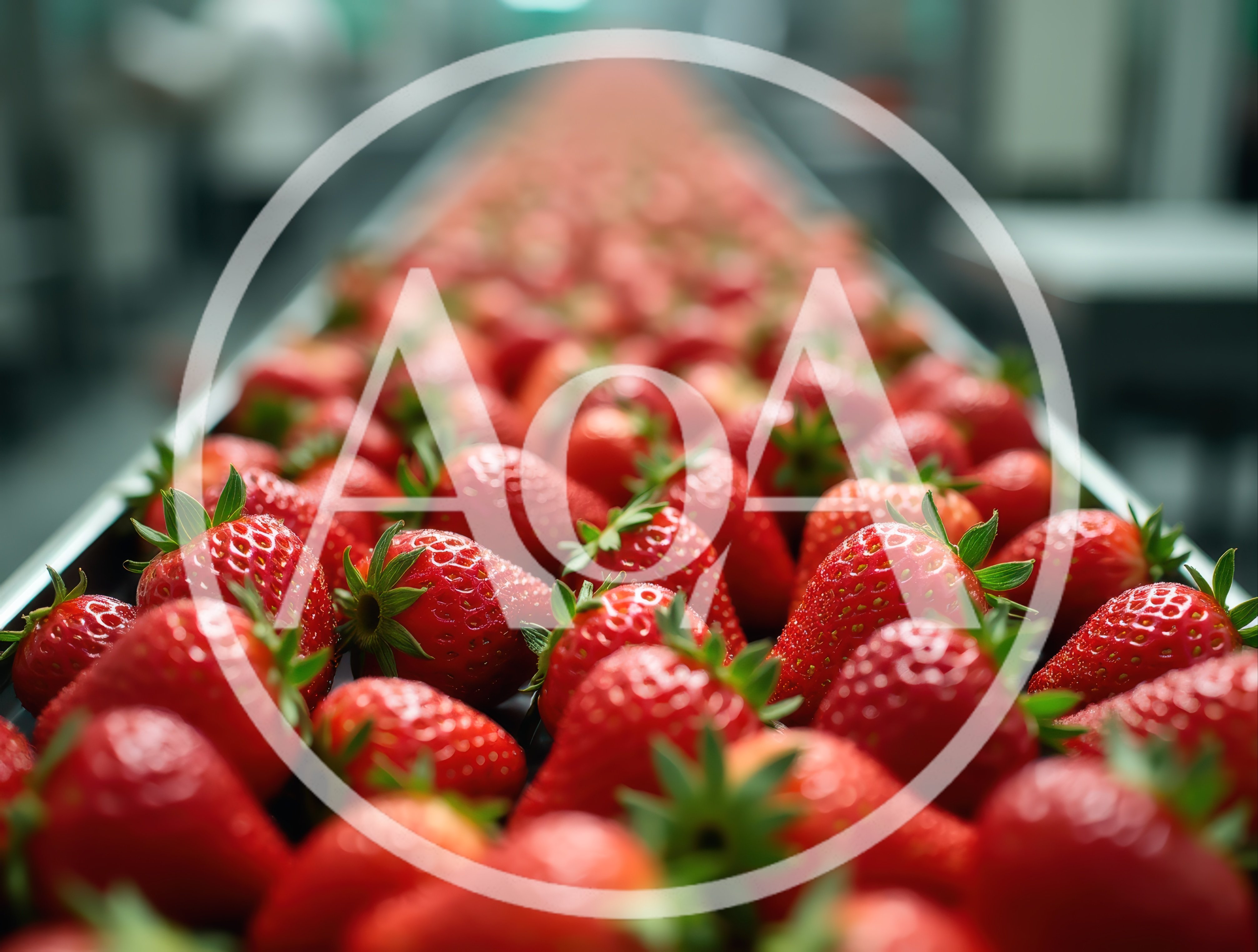 Fresh Strawberries Moving Along An Industrial Conveyor Belt