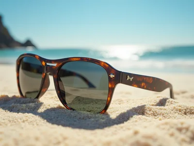 Tortoiseshell Sunglasses Resting On A Sandy Beach