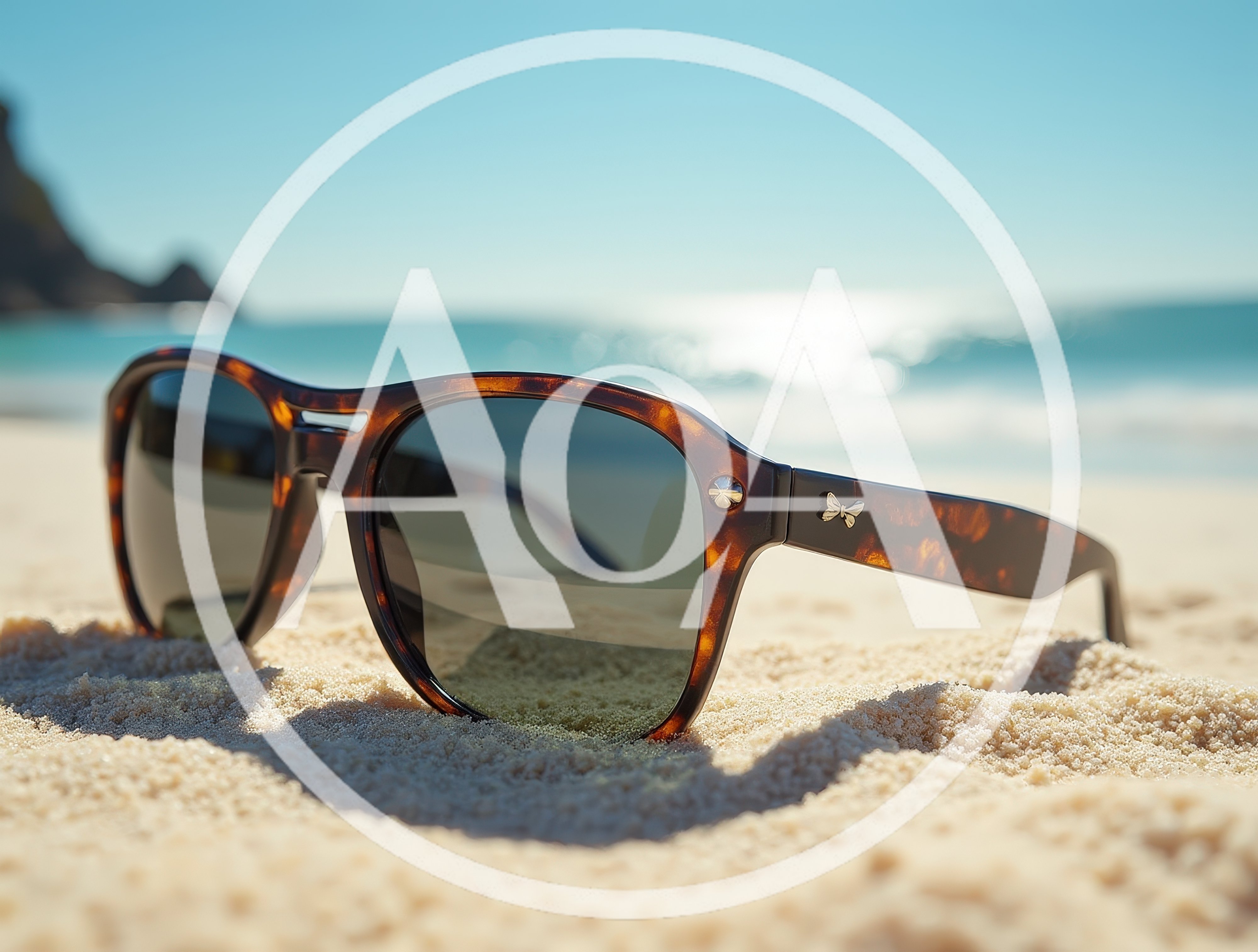 Tortoiseshell Sunglasses Resting On A Sandy Beach