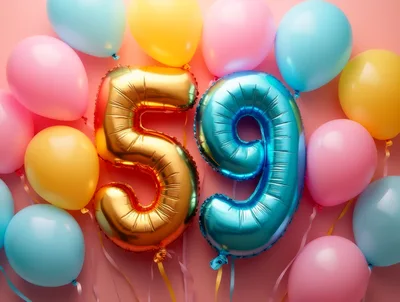 Gold And Blue Number 59 Balloons On Pink Background