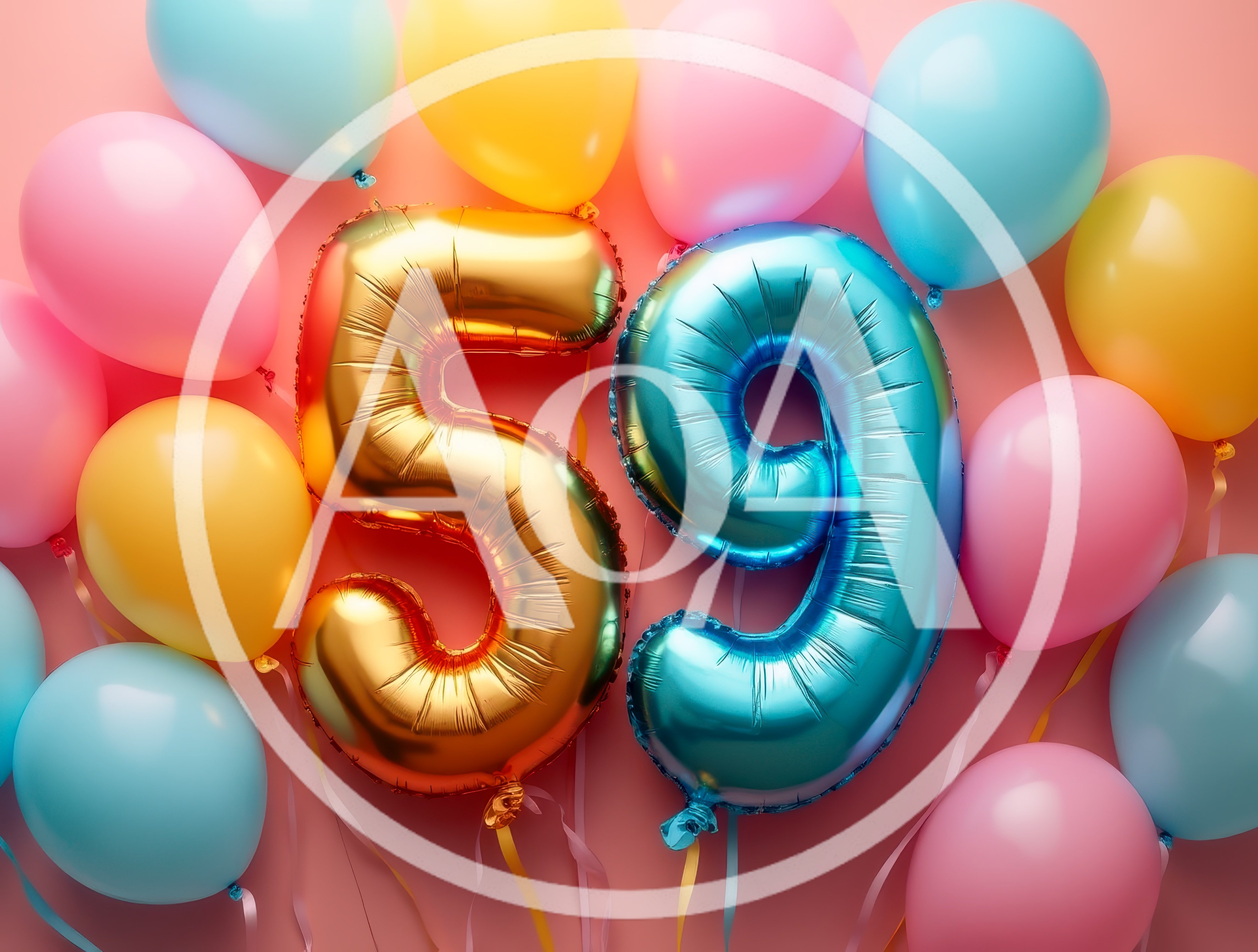 Gold And Blue Number 59 Balloons On Pink Background