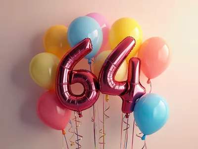 Red Foil Number Sixty Four Balloons With Colorful Latex Balloons