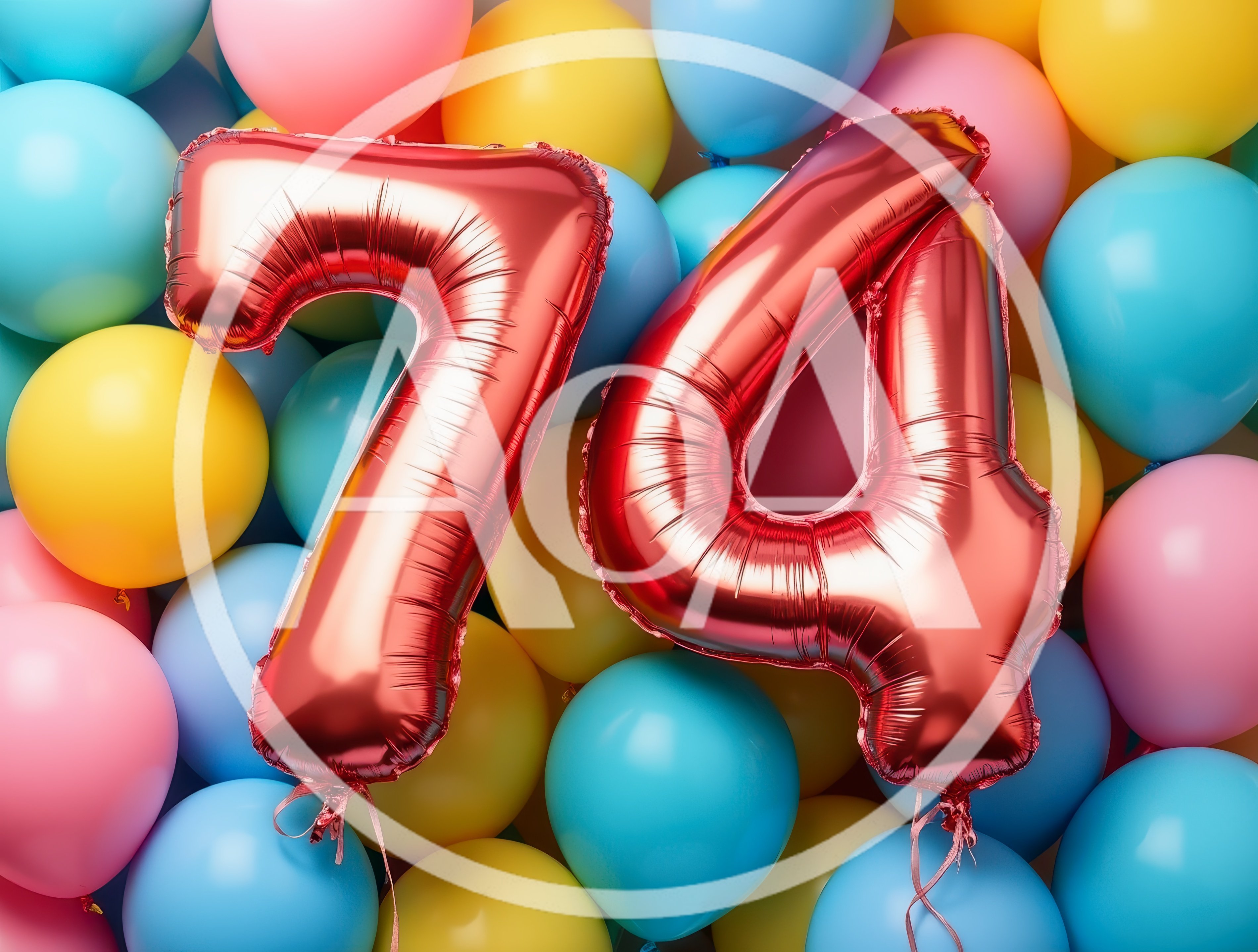 Red Foil Number 74 Balloons Against Colorful Background