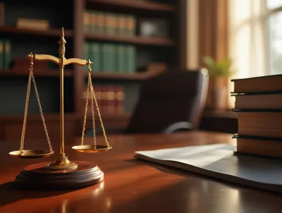 Gold Scales Of Justice On A Lawyer Desk
