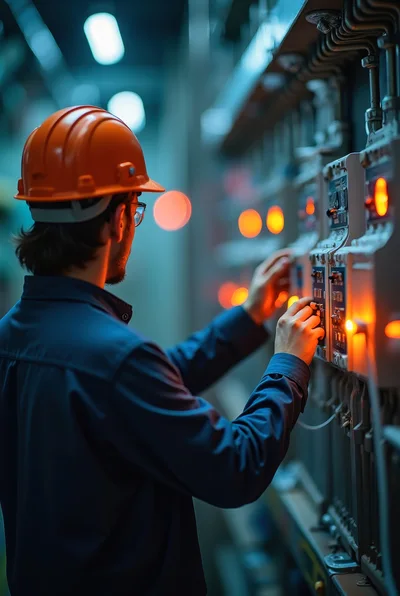 Industrial Technician Operating Electrical Control Panel