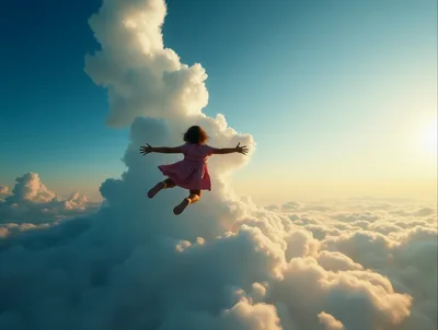Young Girl Flying Above Clouds at Sunset