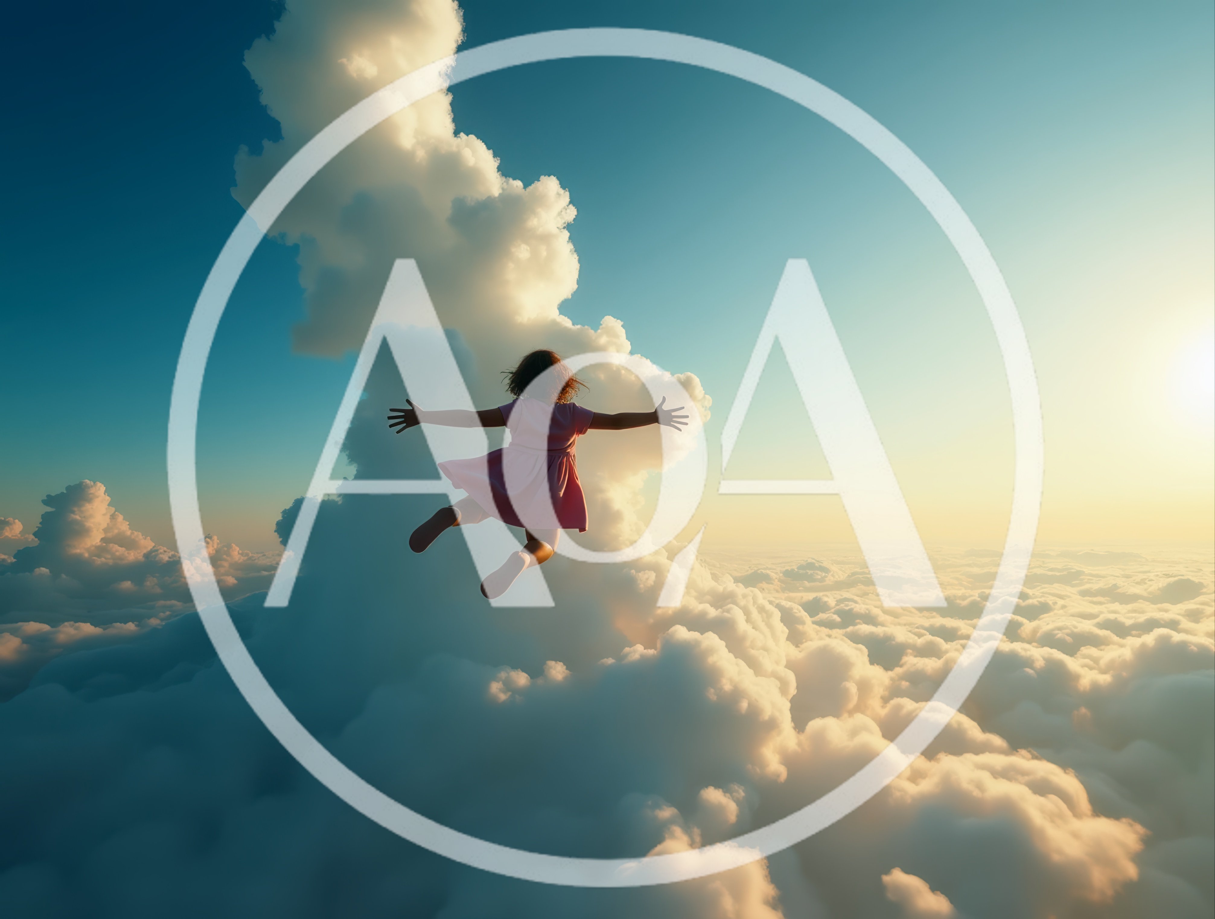 Young Girl Flying Above Clouds at Sunset