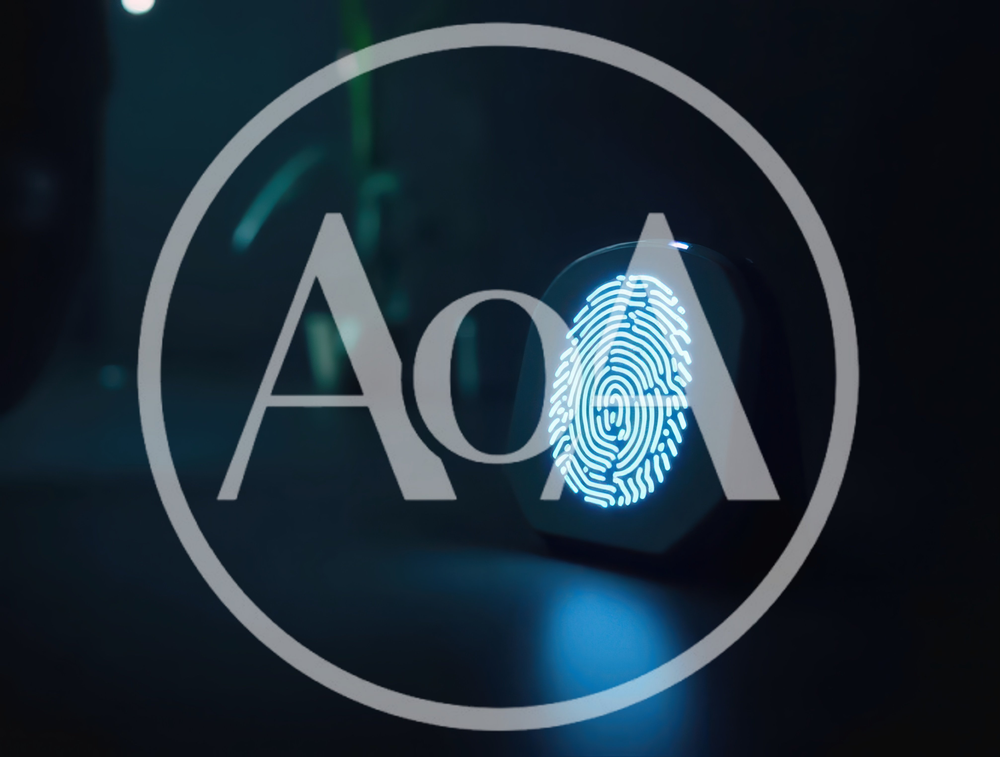 Glowing Digital Fingerprint Scanner On Dark Desk