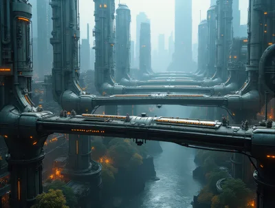 Futuristic Industrial Cityscape With Elevated Connecting Bridges