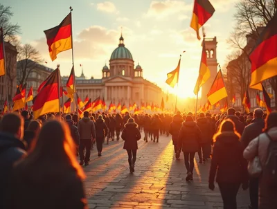 Crowd Walking Through City Square With German Flags