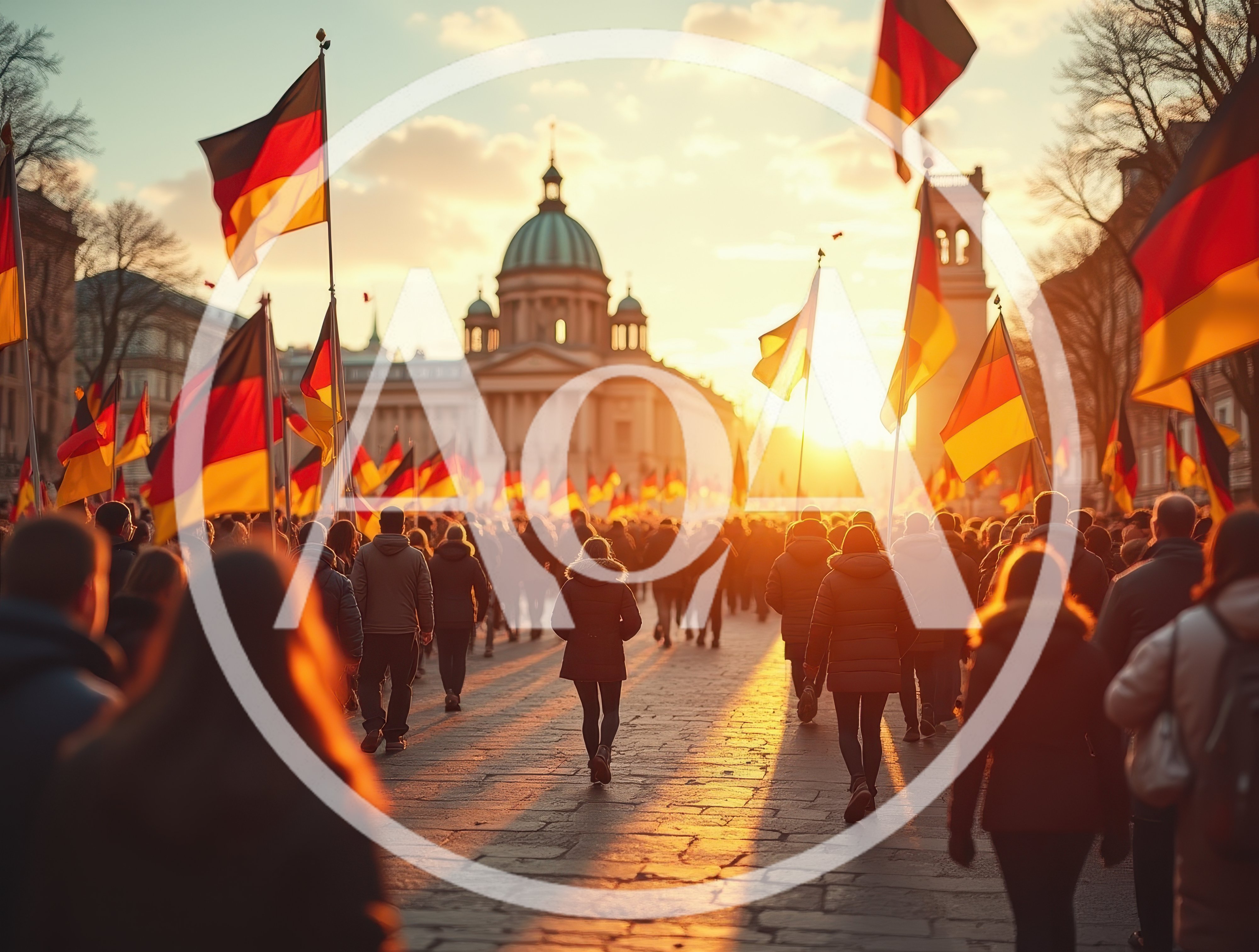Crowd Walking Through City Square With German Flags