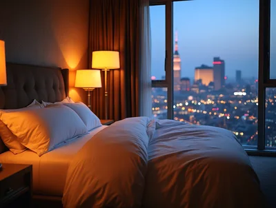 Luxury Hotel Bedroom With City Skyline View