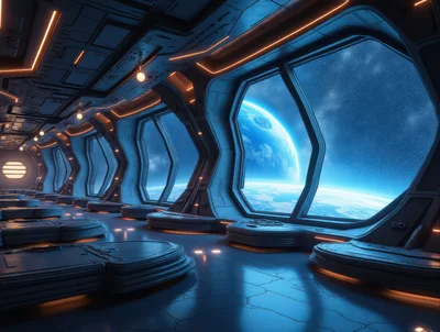 Futuristic Spaceship Corridor With Panoramic Planet View