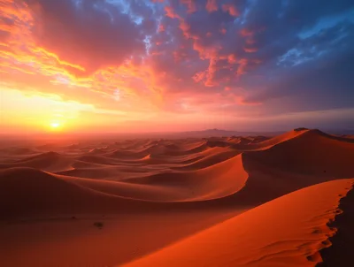 Vibrant Sunset Over Vast Desert Sand Dunes