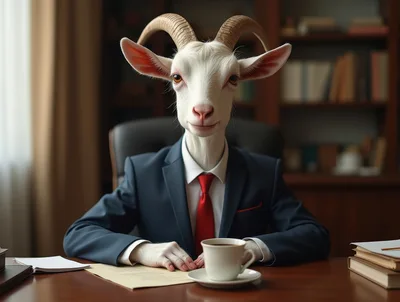 Anthropomorphic Goat Businessman Sitting At Office Desk