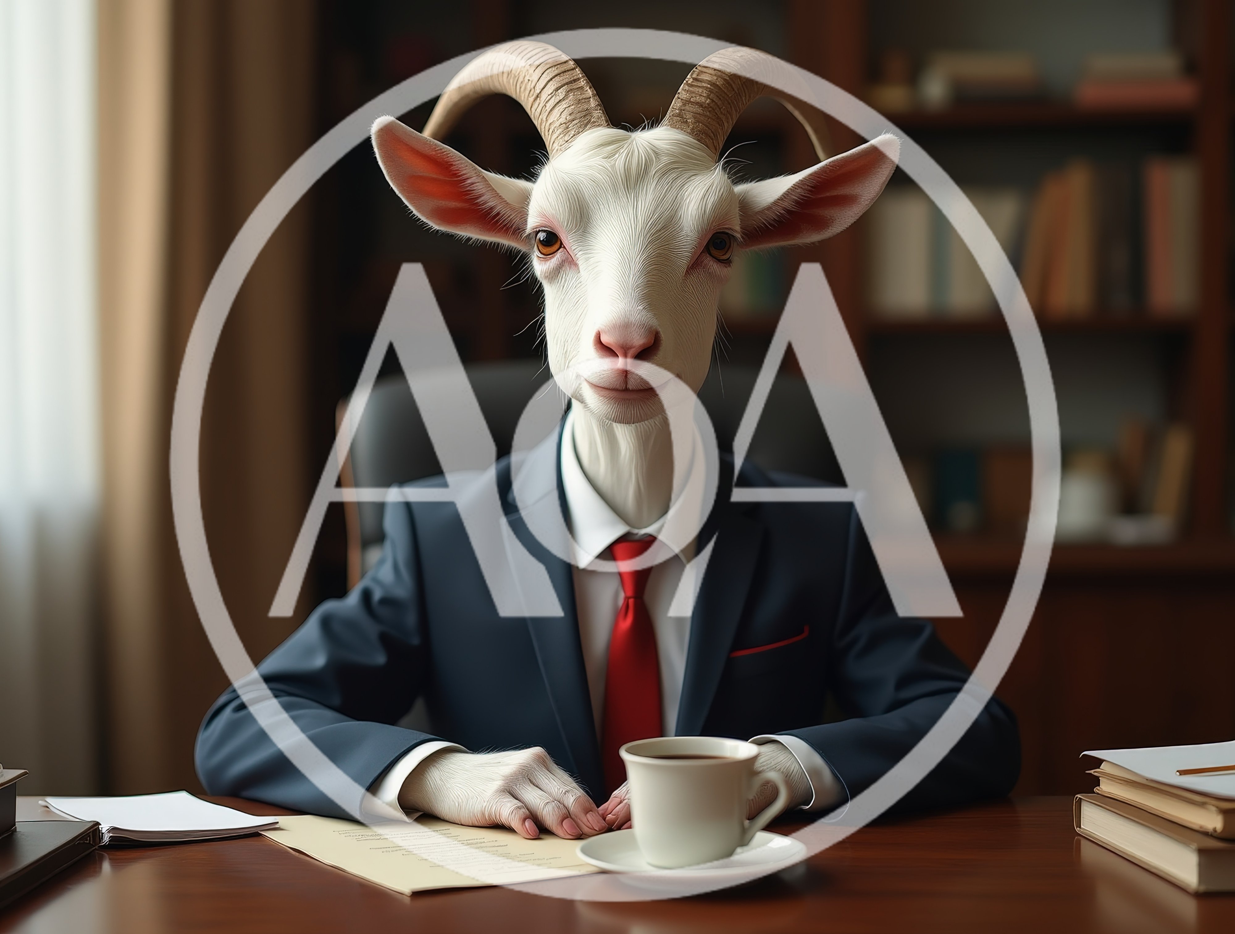 Anthropomorphic Goat Businessman Sitting At Office Desk
