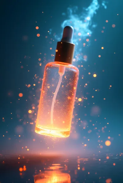 Glowing Serum Bottle Floating In Magical Blue Atmosphere