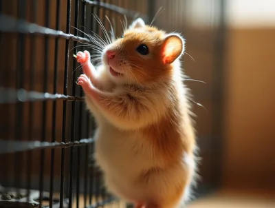 Cute Golden Hamster Standing Against Cage Bars