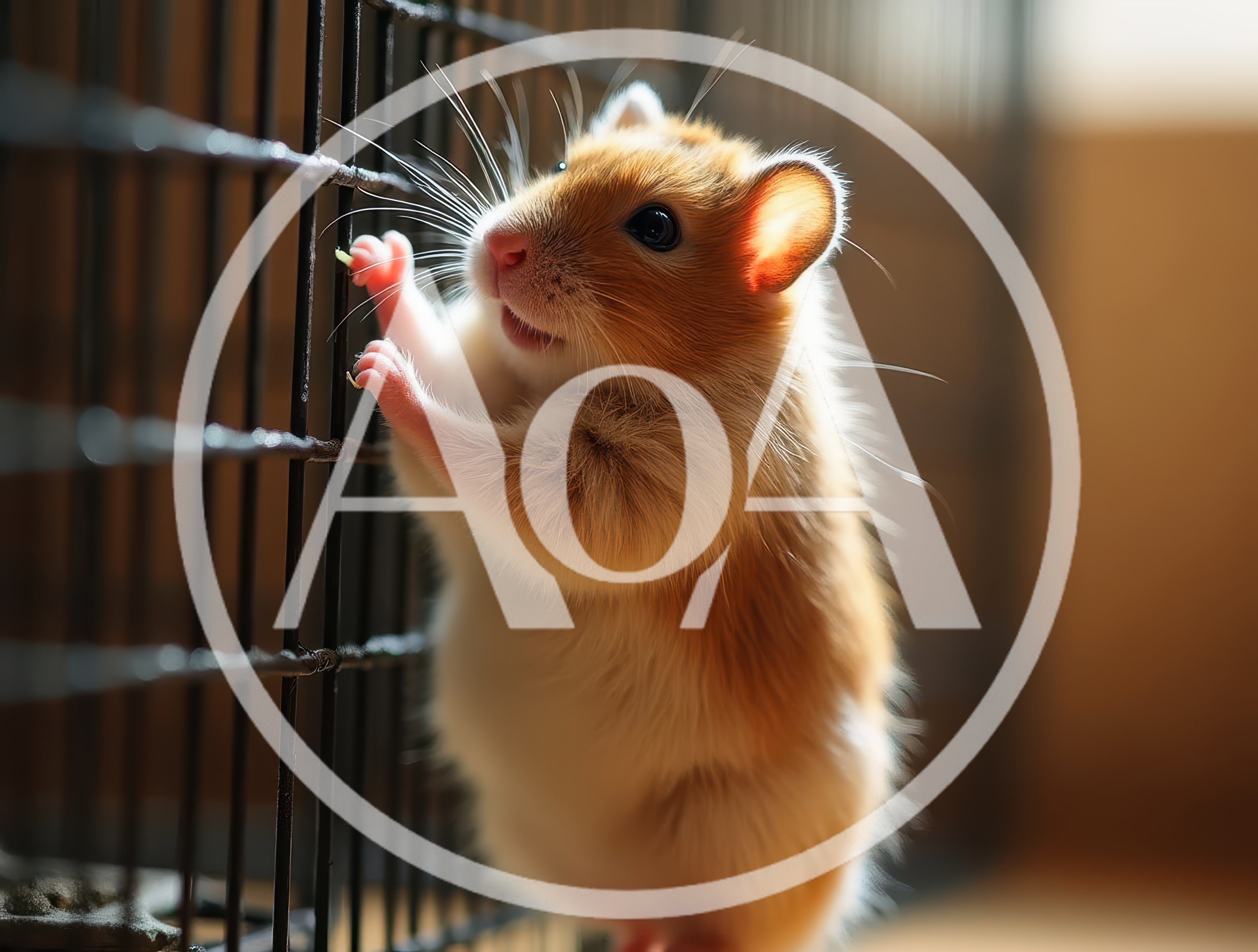 Cute Golden Hamster Standing Against Cage Bars