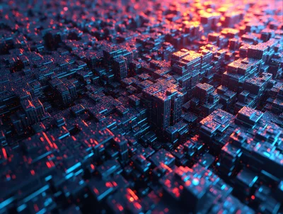 Abstract Digital Cityscape With Glowing Neon Data Streams