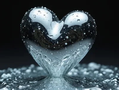 Liquid Silver Heart Sculpture With Water Splashes