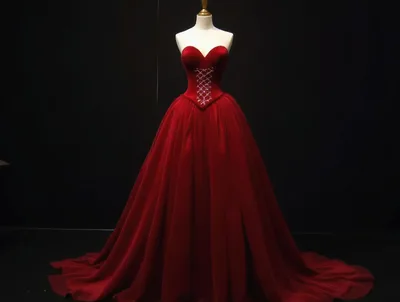 Elegant Red Velvet Ball Gown On Mannequin